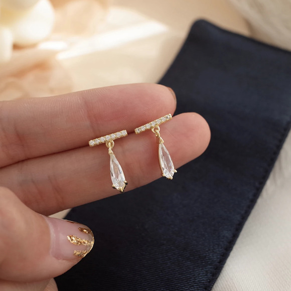 Josie Crystal Teardrop Dainty Gold Earrings - Picture 4 of 8